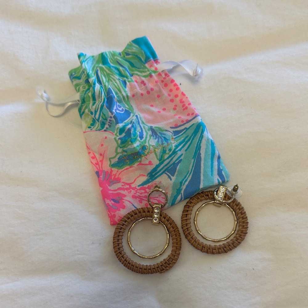 Lilly Pulitzer Brown Rattan Woven Hoop Earrings